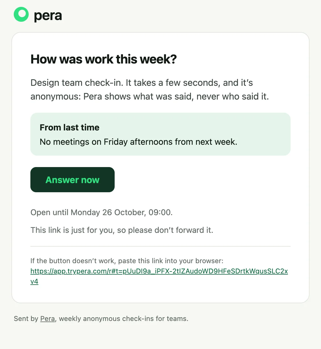 The check-in email, showing what changed since last time.