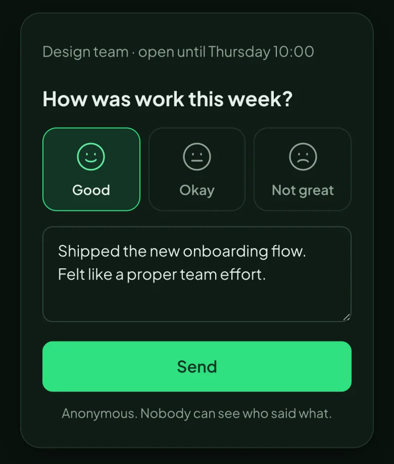 The check-in on a phone: how was work this week, with good, okay or not great.