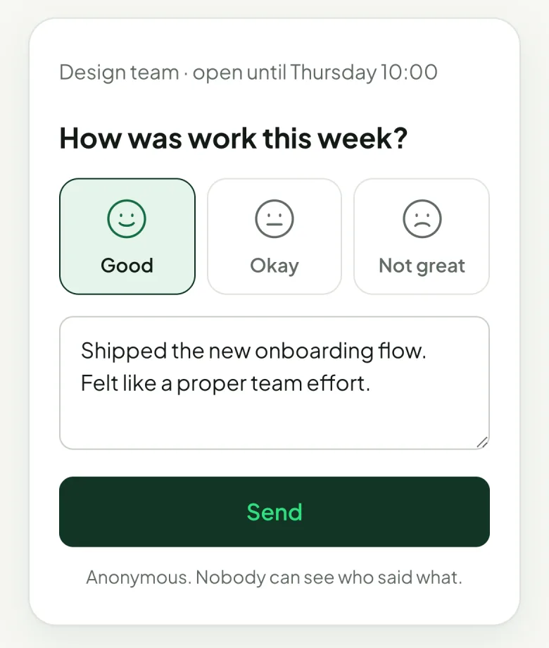 The check-in on a phone: how was work this week, with good, okay or not great.