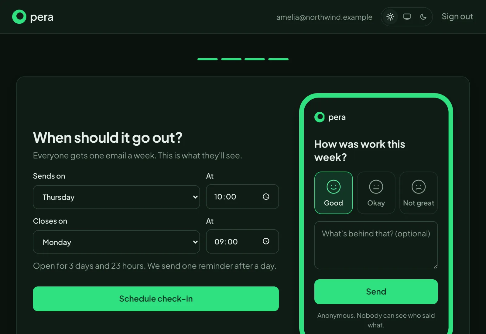 Choosing when the weekly check-in goes out, with a live preview of what the team sees.