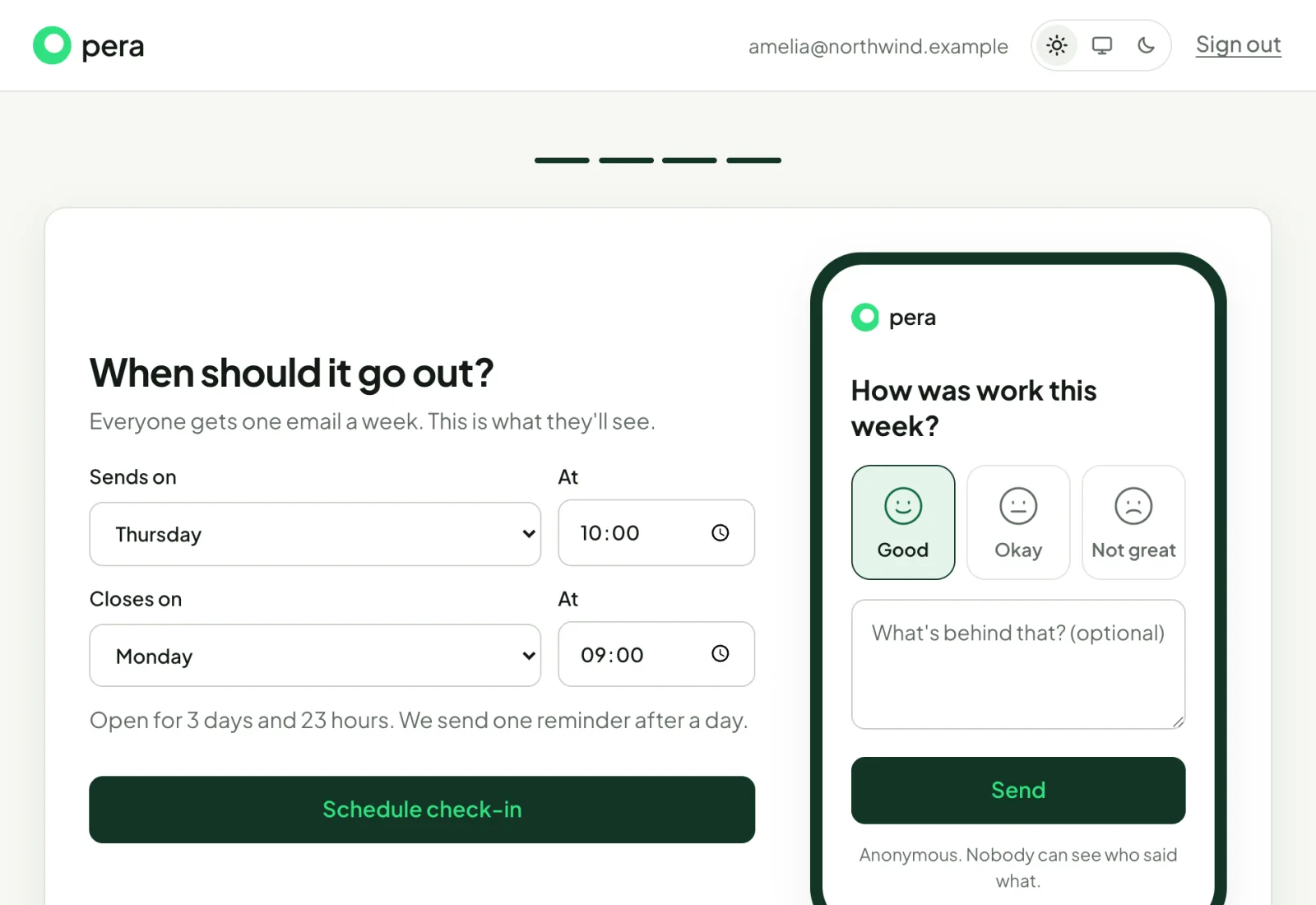 Choosing when the weekly check-in goes out, with a live preview of what the team sees.