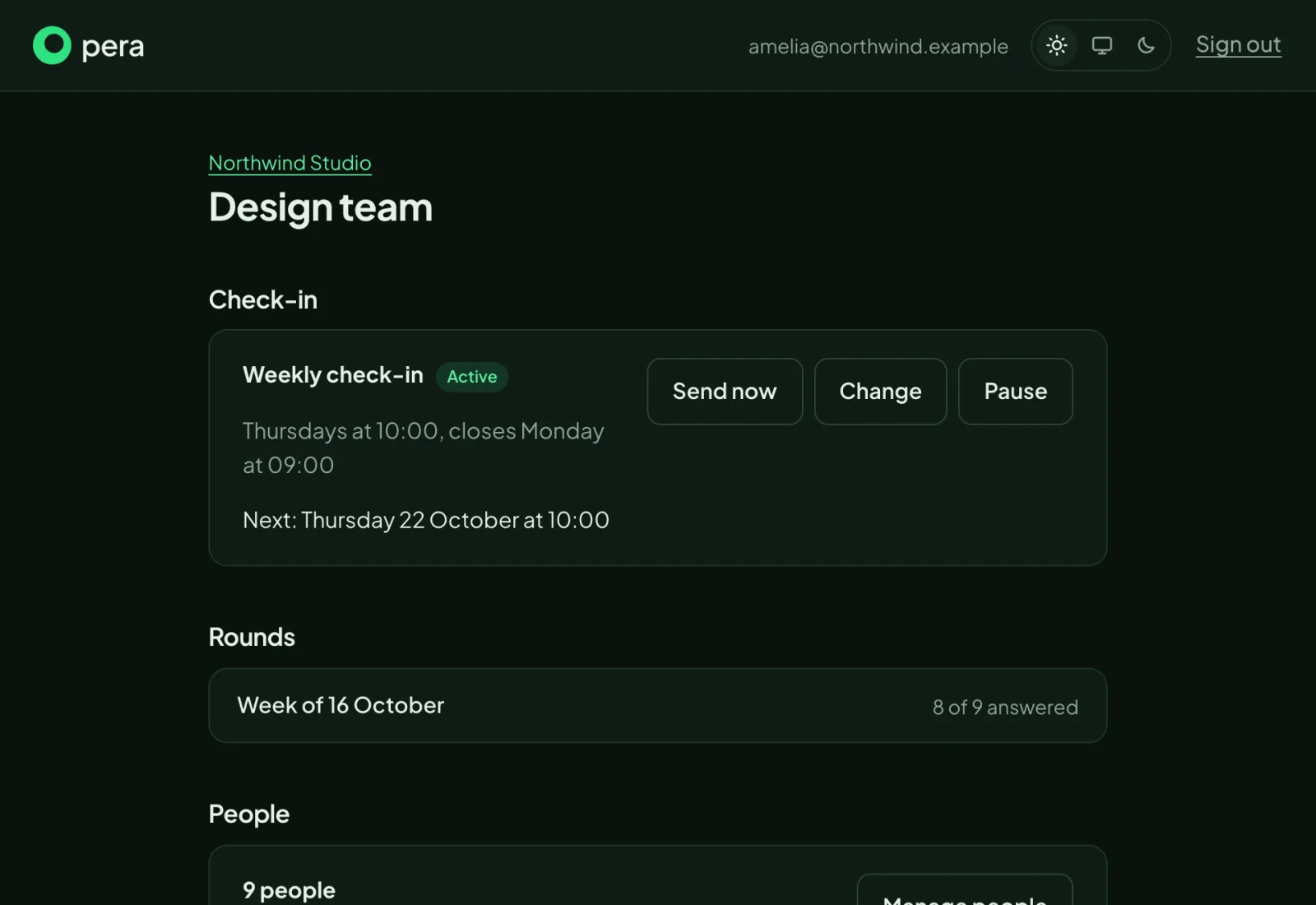 A team in Pera: its weekly check-in, past rounds and people.