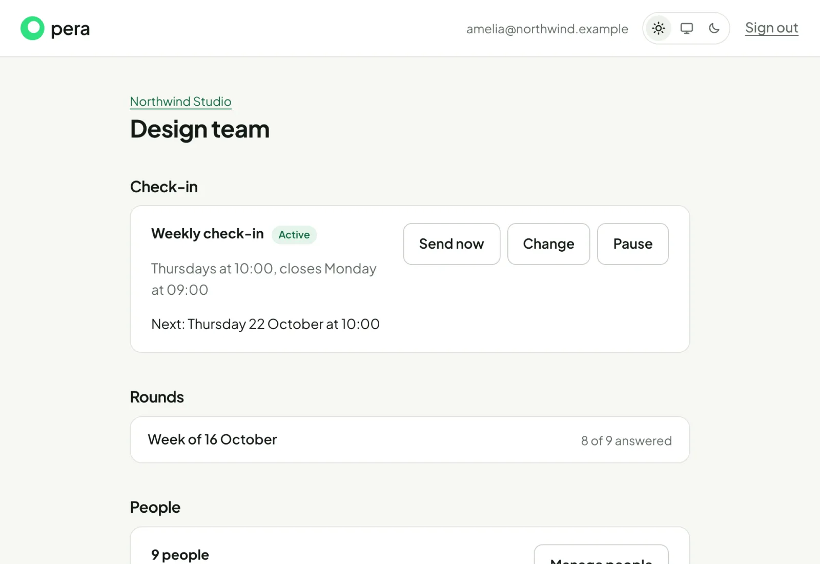 A team in Pera: its weekly check-in, past rounds and people.